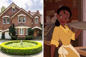 On the left, a brick house with a circular driveway, and on the right, Tiana from "The Princess and the Frog"