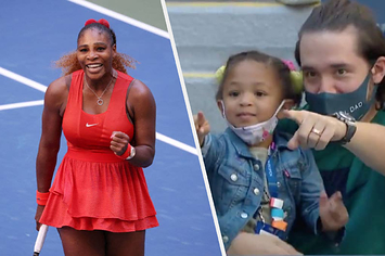 Serena WIlliams on the court side-by-side with Alexis and Olympia pointing at her.