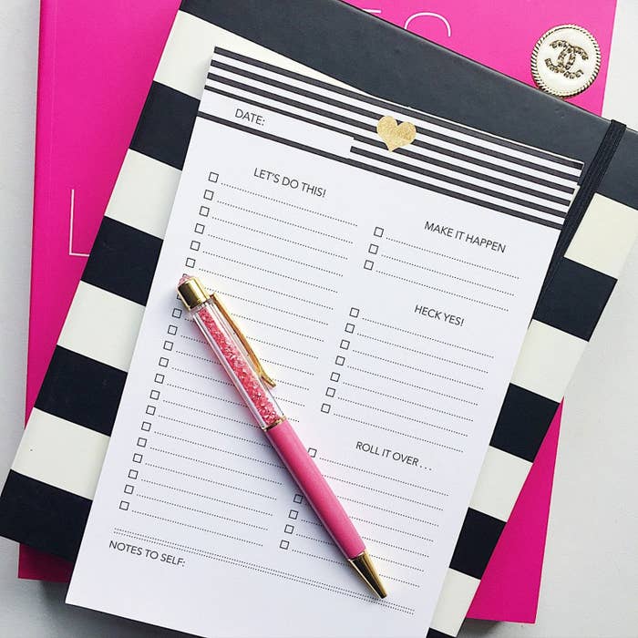A notepad with check-boxes and lines for "Let's Do This!" and "Make It Happen"