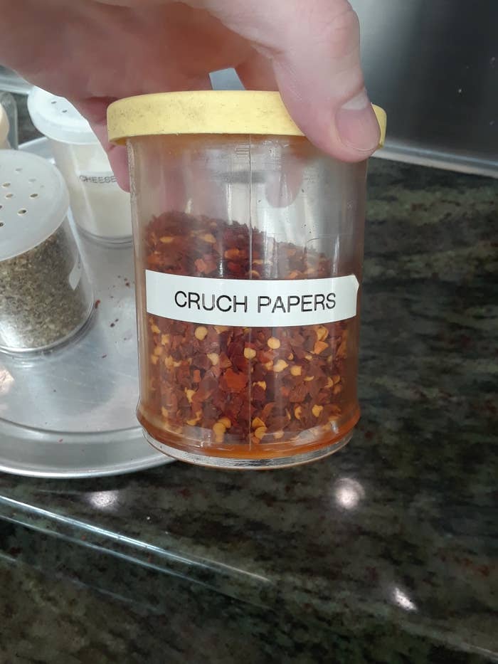 crushed peppers container reading cruch papers