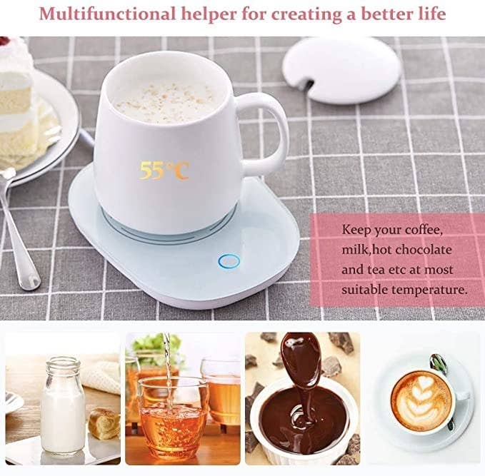 The mug warmer on a table filled with milk, and a pastry near it