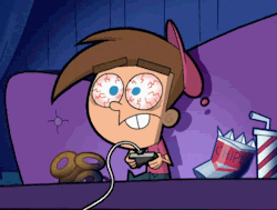 timmy from the fairly odd parents with blood shot eyes playing video games