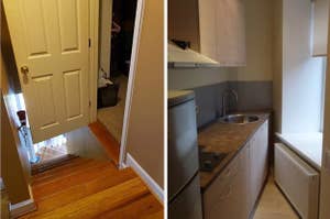 A bedroom door opened in the middle of a staircase and a narrowing kitchen 