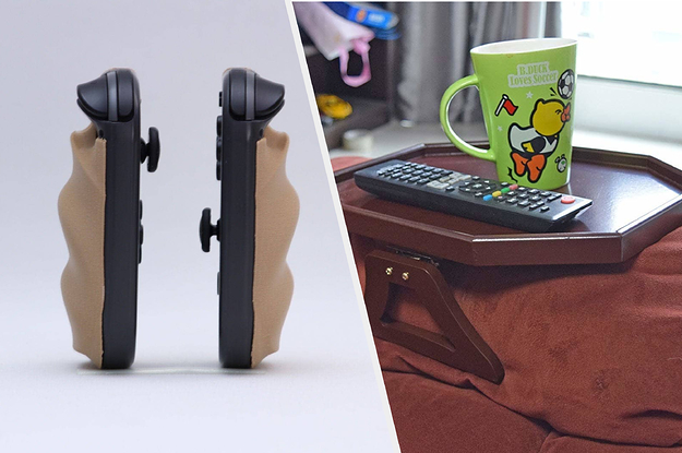 to the left: rubber attachments for the nintendo switch, to the right: a table for the edge of the couch arm