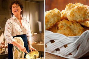 Meryl Streep is mixing batter on the left with a basket of herb biscuits on the right