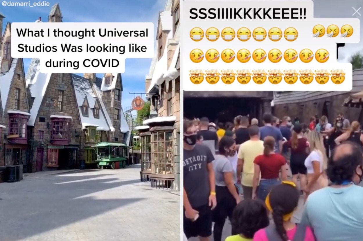 On the left it shows an empty park and says &quot;What I thought Universal Studios was looking like during COVID&quot;, and on the right it says &quot;SIKE&quot; and shows a crowded park