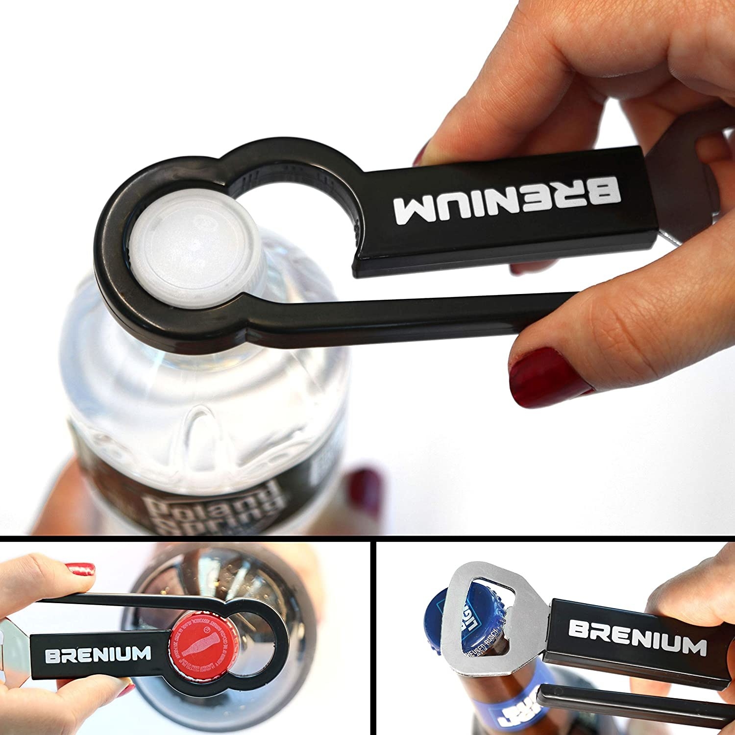 Bottle opener being used to open water bottle, soda top, and beer