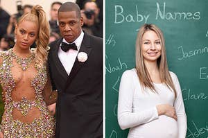 On the left, Beyoncé and Jay-Z, and on the right, a woman cradles her baby bump while she stands in front of chalkboard labeled with baby names written on it