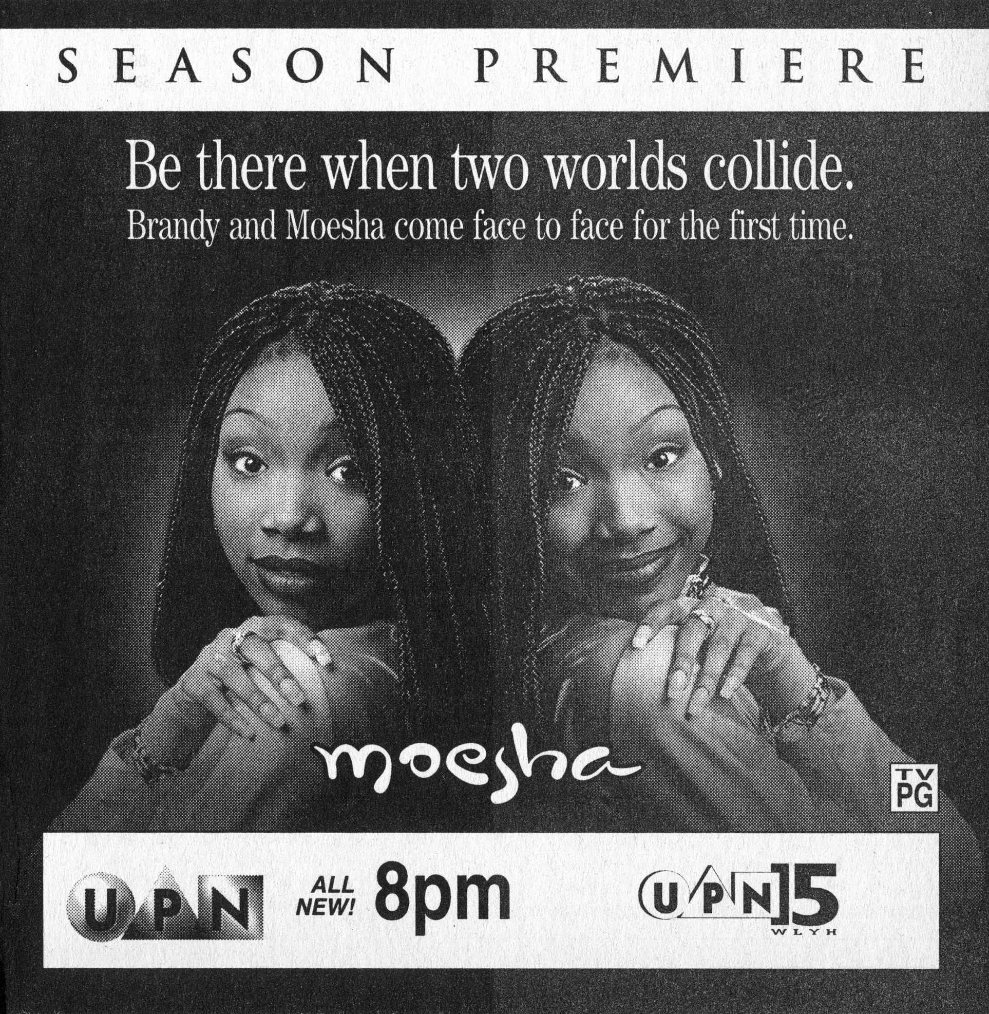 A TV Guide for &quot;Moesha&quot; promoting the new season premiere with the text &quot;be there when two worlds collide. Brandy and Moesha come face to face for the first time&quot; written on it