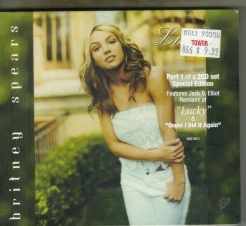 A import CD for Britney Spears&#x27; &quot;Lucky&quot; with a $9.99 price tag sticker on it from Tower Records 