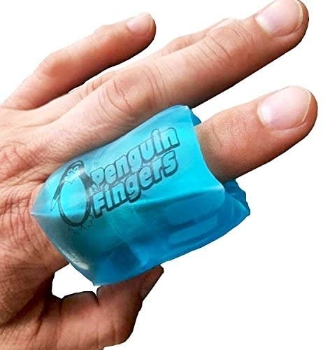 Finger with ice pack wrapped around it like large ring 