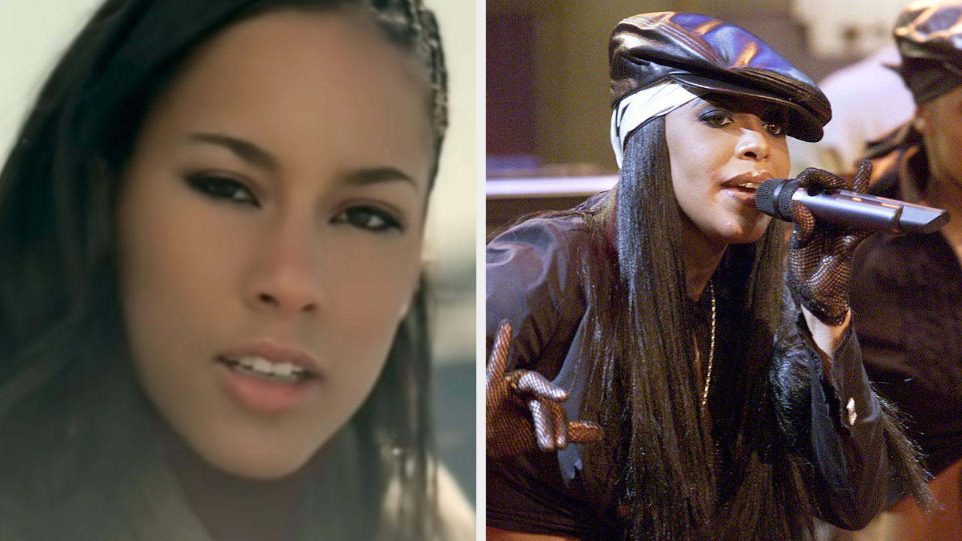 Alicia Keys singing outside in the winter in the &quot;If I Ain&#x27;t Got You&quot; music video; Aaliyah wearing a hat and gloves while performing on a TV show