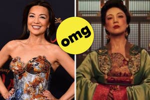 Ming Na Wen on a red carpet / Ming Na Wen in live-action "Mulan" with omg sticker