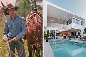 On the left, Lucas Till wears a cowboy hat and stands near two horses as Travis in "Hannah Montana: The Movie," and on the right, a modern home with floor-to-ceiling windows and a pool out back