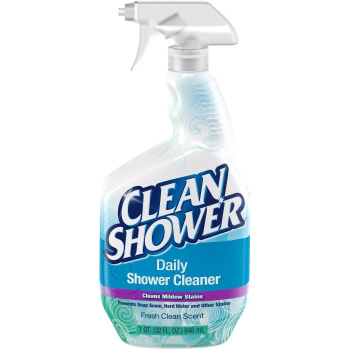 A bottle of Clean Shower Daily Shower Cleaner that cleans mildew stains and prevents soap scum, hard water, and other stains
