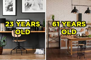 On the left, a home office with a desk, laptop, and file folders labeled "23 years old," and on the right, a modern kitchen with a stone backsplash, overhead lights, and a wooden island labeled "61 years old"