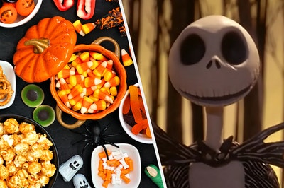 An image of Jack Skellington from Nightmare Before Christmas next to an image of candy corn and other Halloween treats