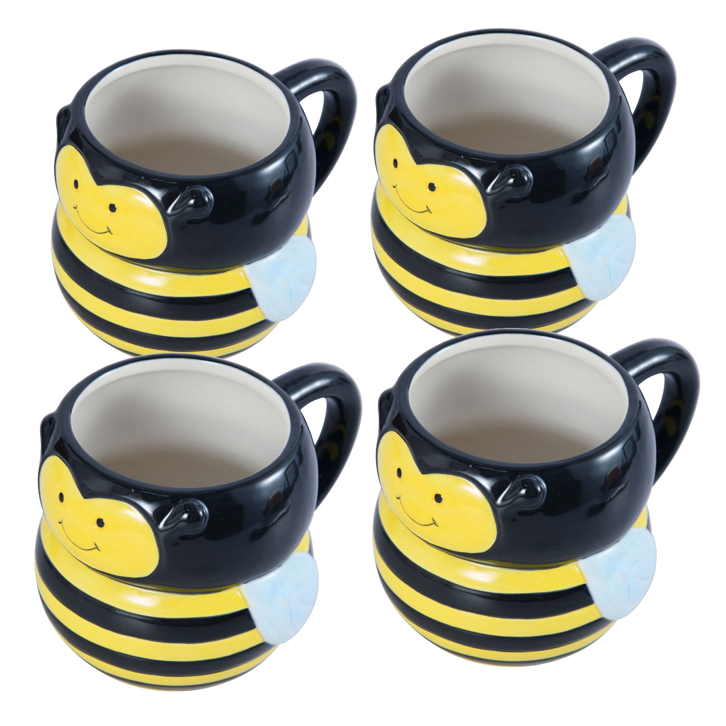 A set of black and yellow animated bee mugs
