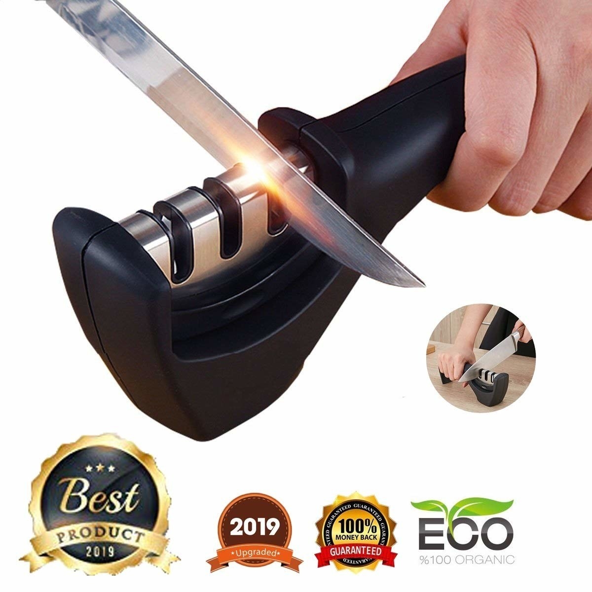 A knife being sharpened while a person&#x27;s hand holds the sharpener down.