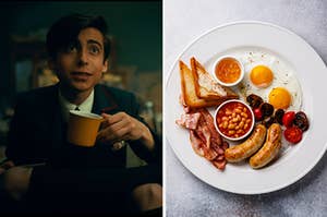 Five Hargreeves from Umbrella Academy drinks a cup of coffee next to an image of an English breakfast