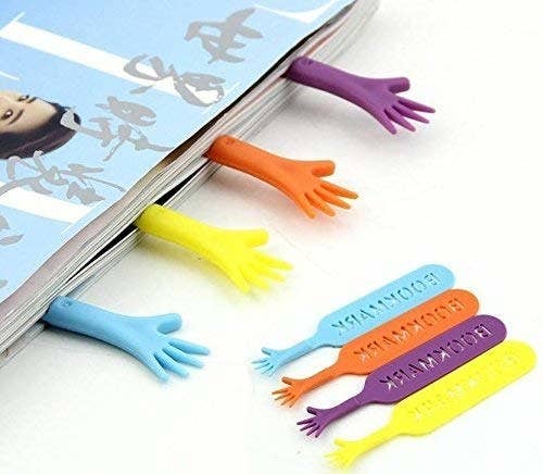 A book with 4 bookmarks coming out of it, in the shape of a hand begging for help.