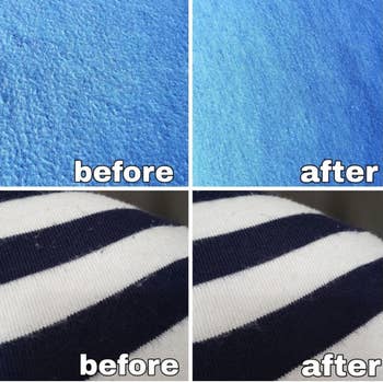 a reviewer showing the before and after images for two towels to showcase how much less lint is on them after using the defuzzer