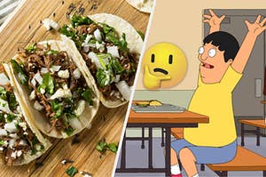 Pulled pork tacos are on a wooden board on the left with a thinking face emoji in the center and Gene Belcher eating a taco on the right