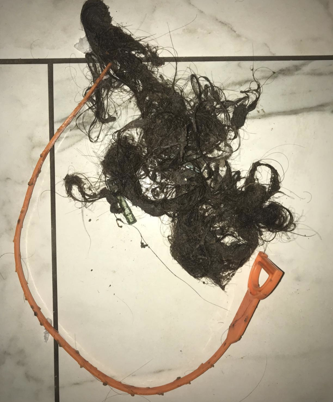 Reviewer image of a the drain snake next a giant pile of hair that was pulled from the drain