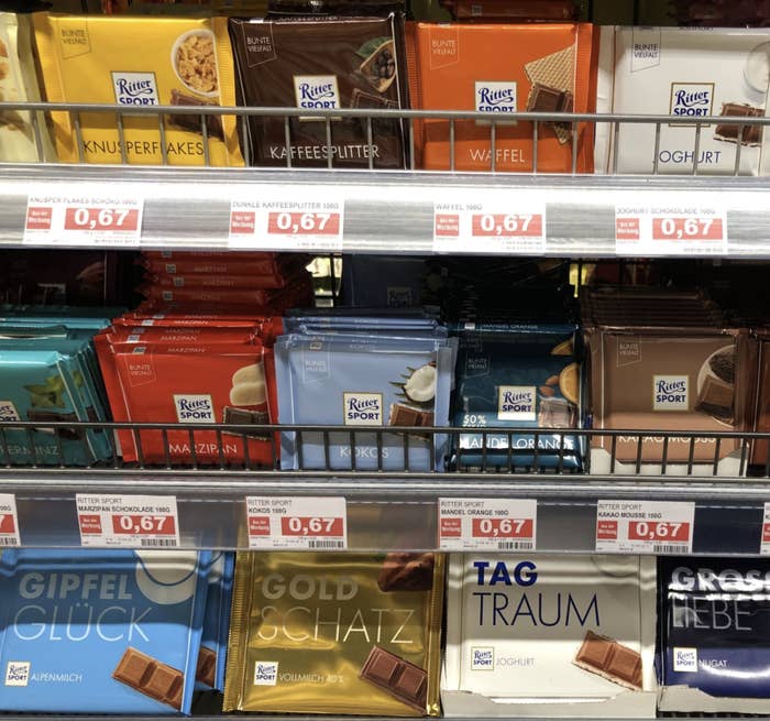 A chocolate aisle in a Germany grocery store.