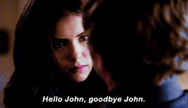 Katherine stabbing John and saying &quot;Hello, John. Goodbye, John&quot; on The Vampire Diaries