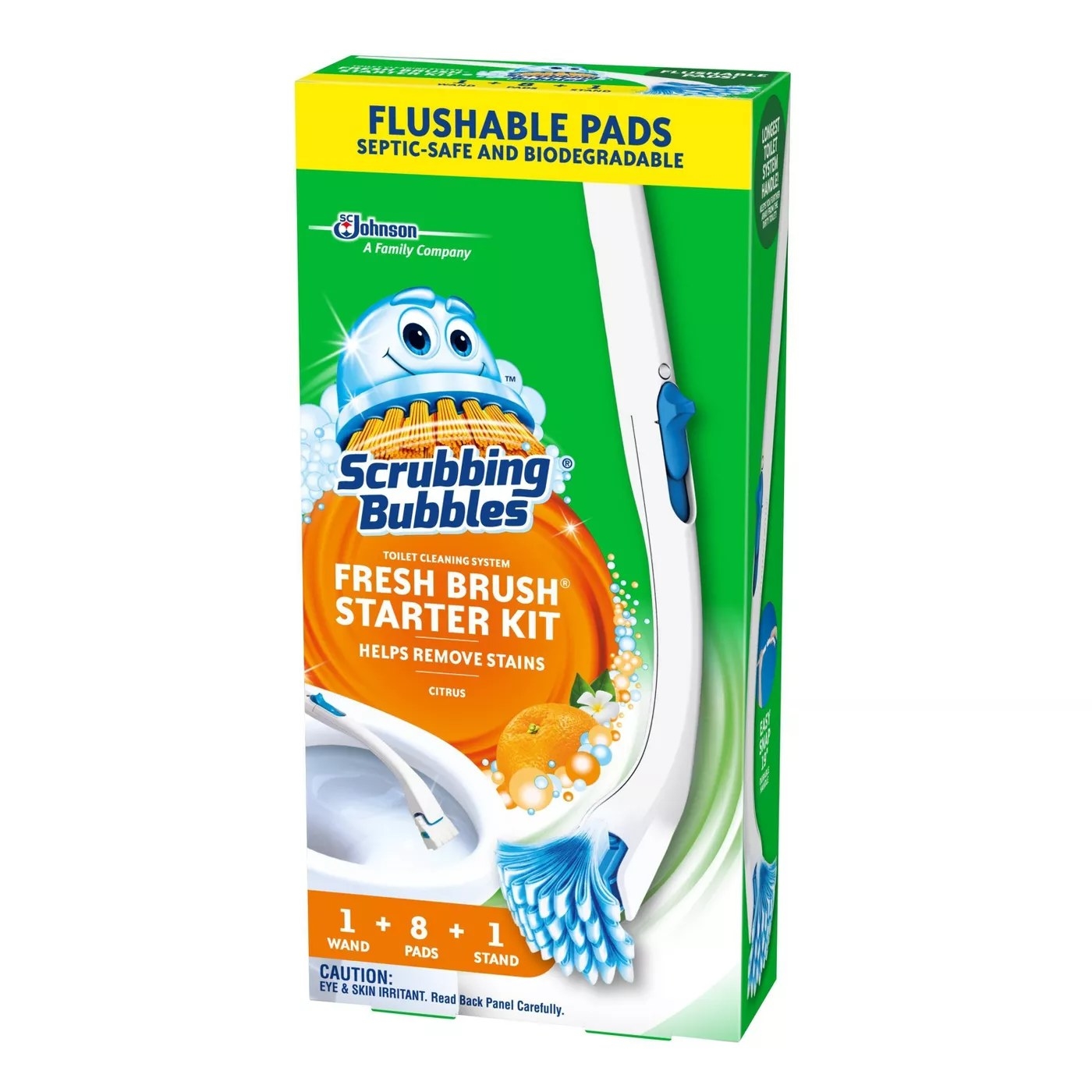 A Scrubbing Bubbles toilet cleaning system fresh brush starter kit that helps remove stains with one wand, eight citrus-scented pads, and one stand