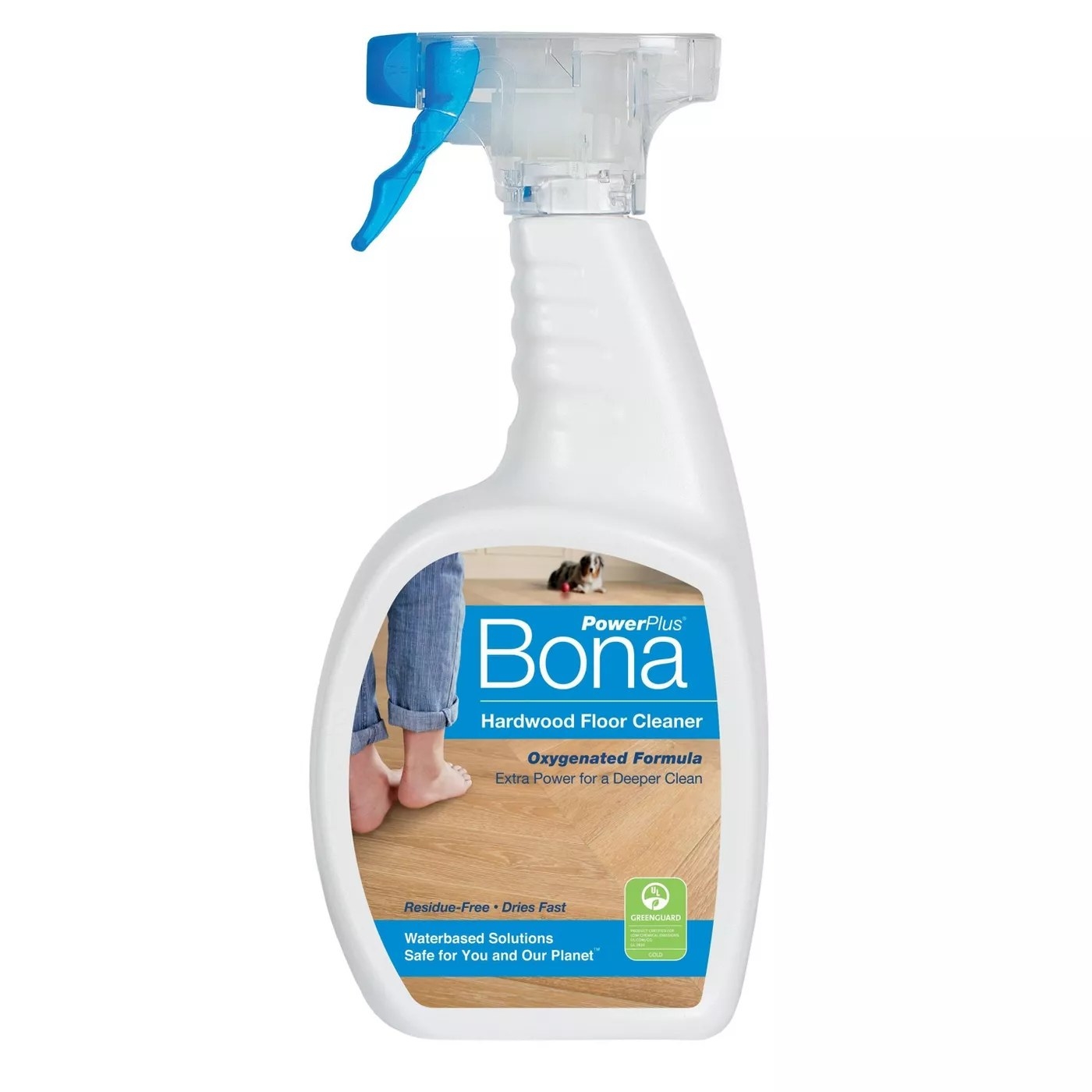 A bottle of Bona's PowerPlus hardwood floor cleaner that dries fast and doesn't leave a residue