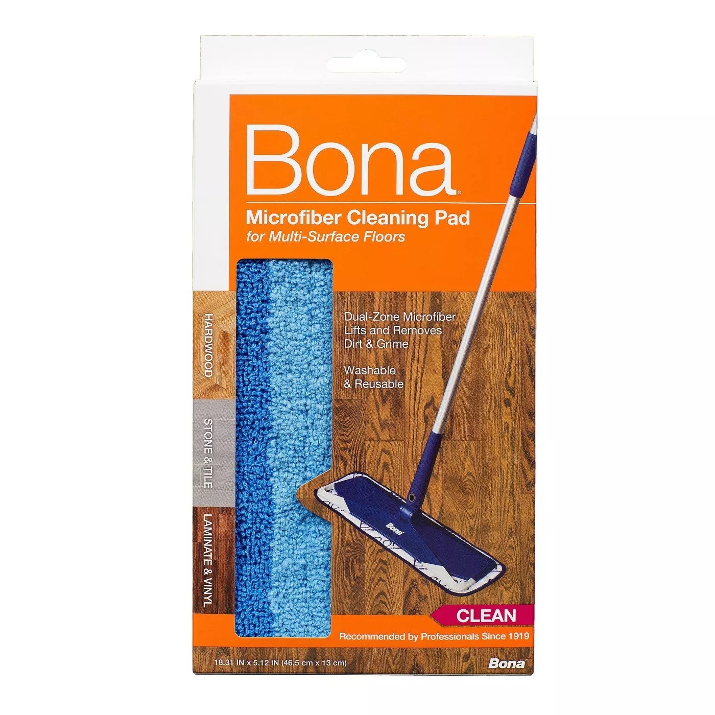 The Bona microfiber cleaning pad for multi-surface floors including hardwood, stone, tile, laminate, and vinyl