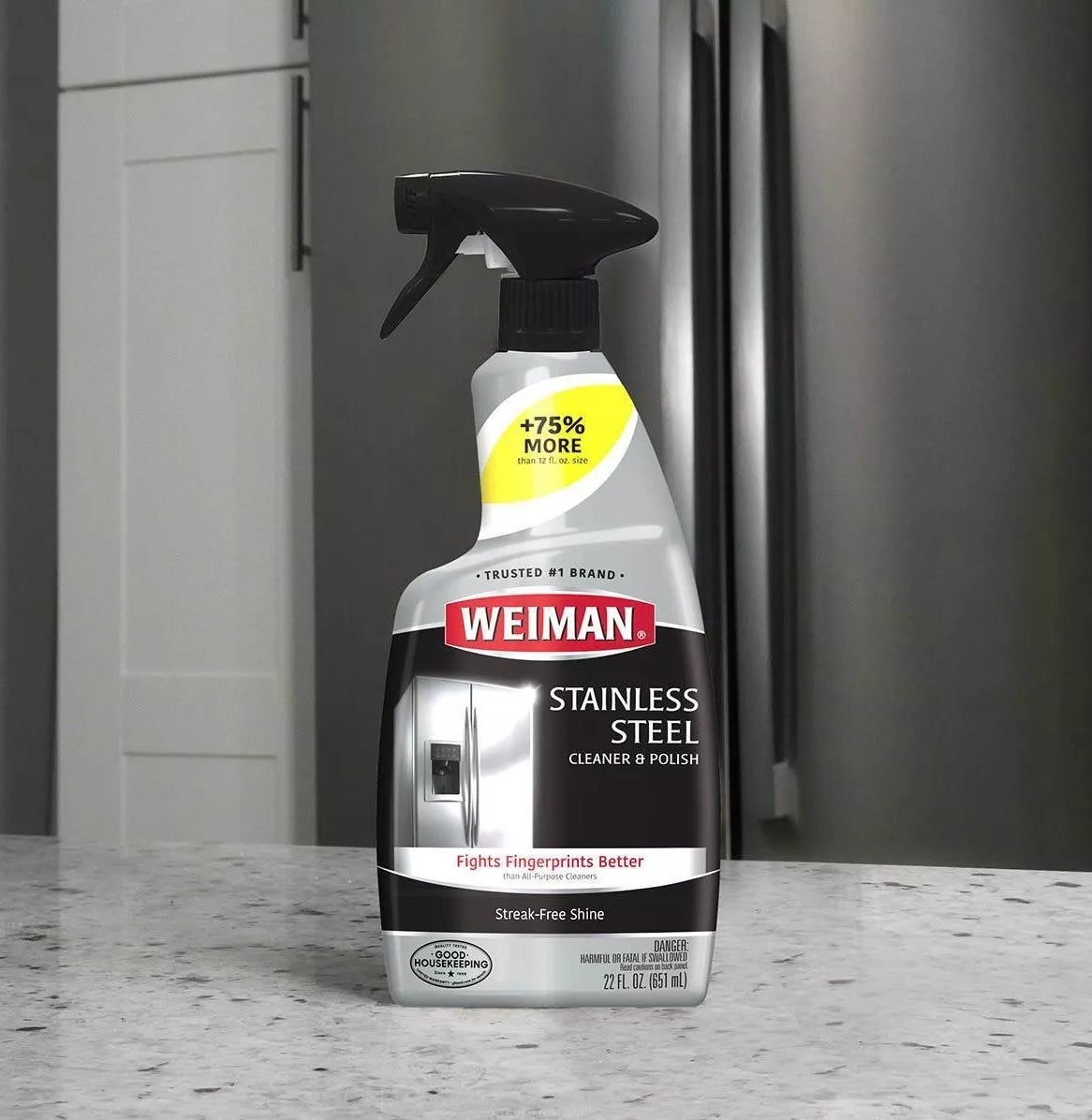 Weiman's Stainless Steel Cleaner and Polish fights fingerprints better than all-purpose cleaners and leaves a streak-free shine