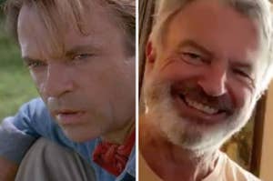 Dr Grant in "Jurassic Park" side-by-side with Sam Neill smiling next to Jeff Goldblum at a piano