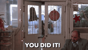 a gif of will ferrel in the movie elf saying &quot;you did it!&quot; while entering a coffee shop