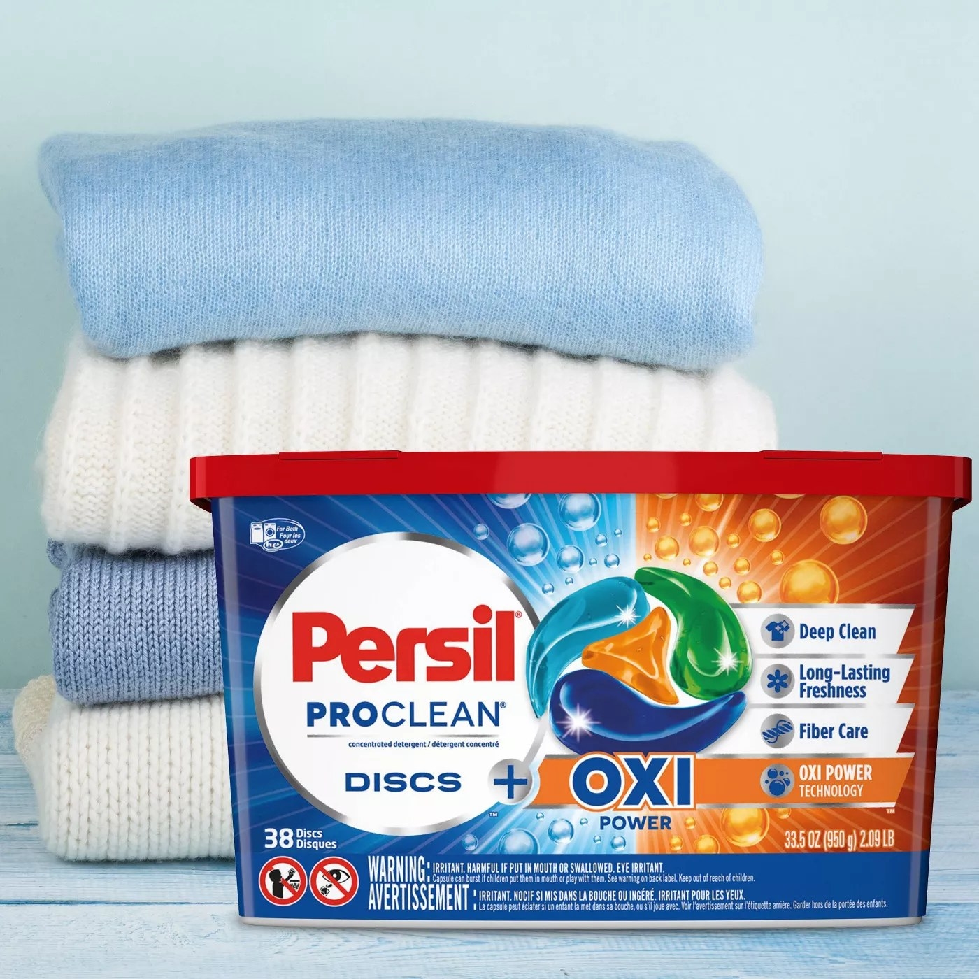 Persil&#x27;s ProClean detergent discs with Oxi-Power Technology that deep clean, deliver long-lasting freshness, and offer fiber care