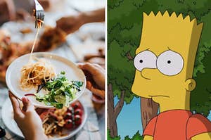 A person is twisting her pasta on the left with Bart Simpson on the right