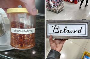 picture on the right is crushed peppers that reads cruch papers on the right is a sign that reads belssed