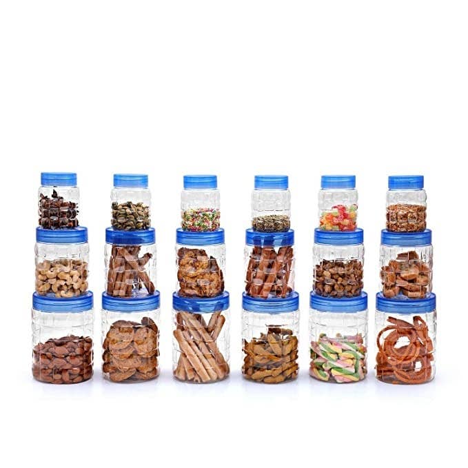 18 containers filled with various snacks and condiments.