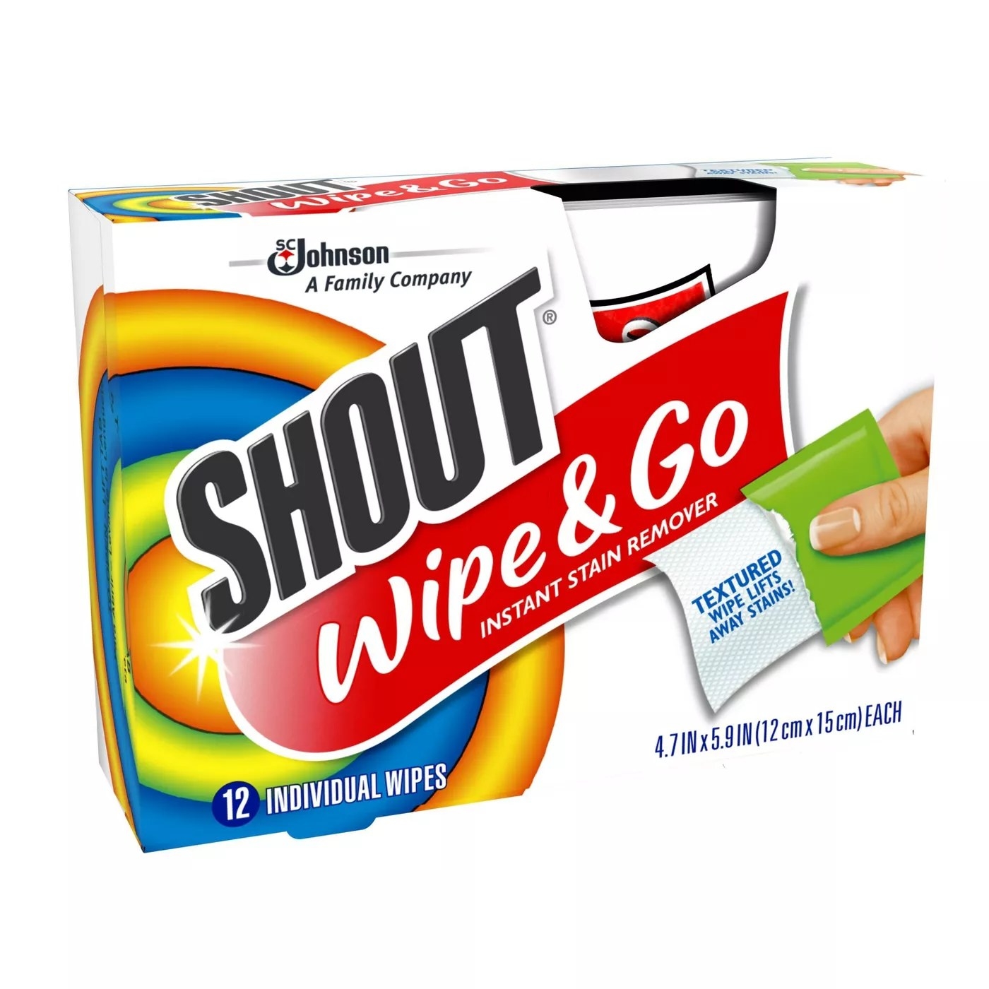 A 12-pack of Shout's Wipe & Go instant stain remover wipes