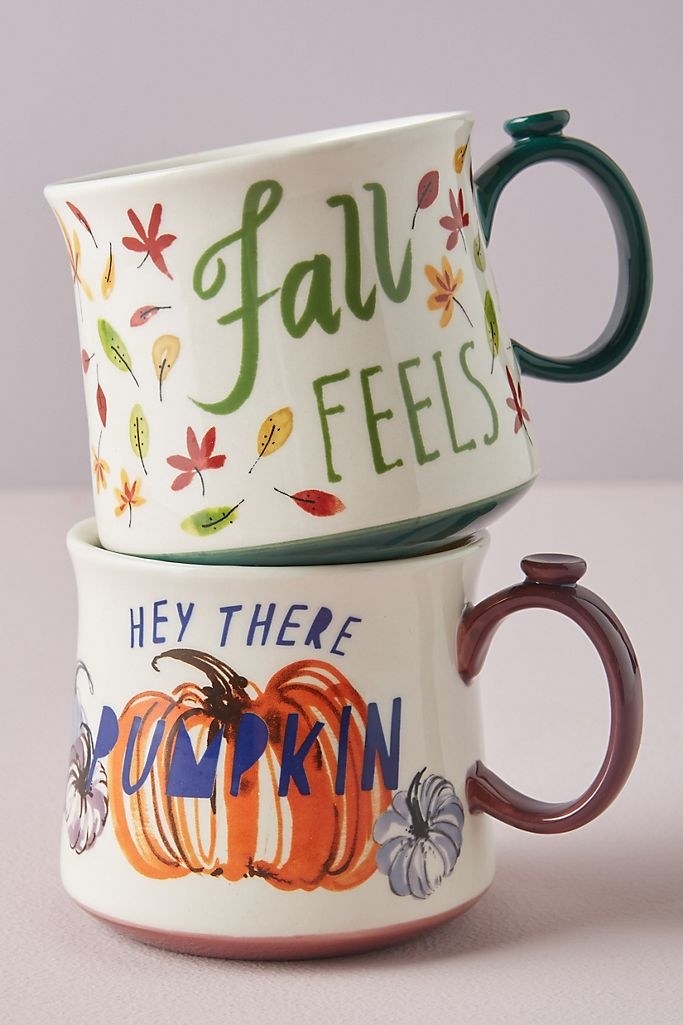 One mug says &quot;Fall Feels&quot; and is decorated in leaves and the other says &quot;Hey there pumpkin&quot; with different colors and sizes of pumpkins on it 