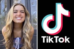Addison Rae leaning toward the camera and winking on the left and the tiktok logo on the right