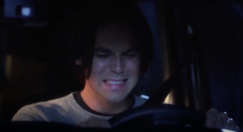 Caleb sobbing as he drives away