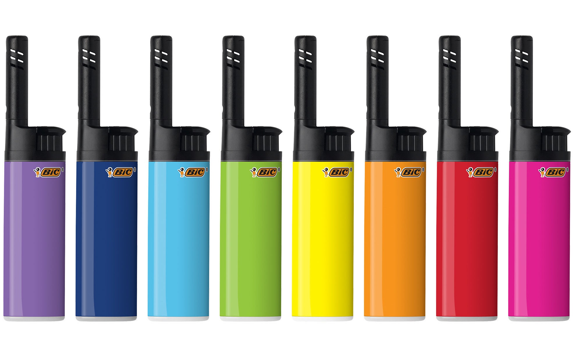 A rainbow array of Bic lighters with black tops