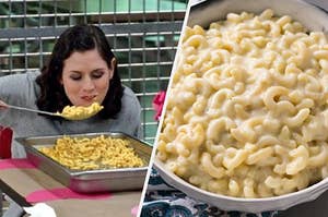 On the left, Yael Stone brings a large spoon filled with mac 'n' cheese to her face as Lorna on "Orange is the New Black," and on the right, a bowl of white cheddar mac 'n' cheese