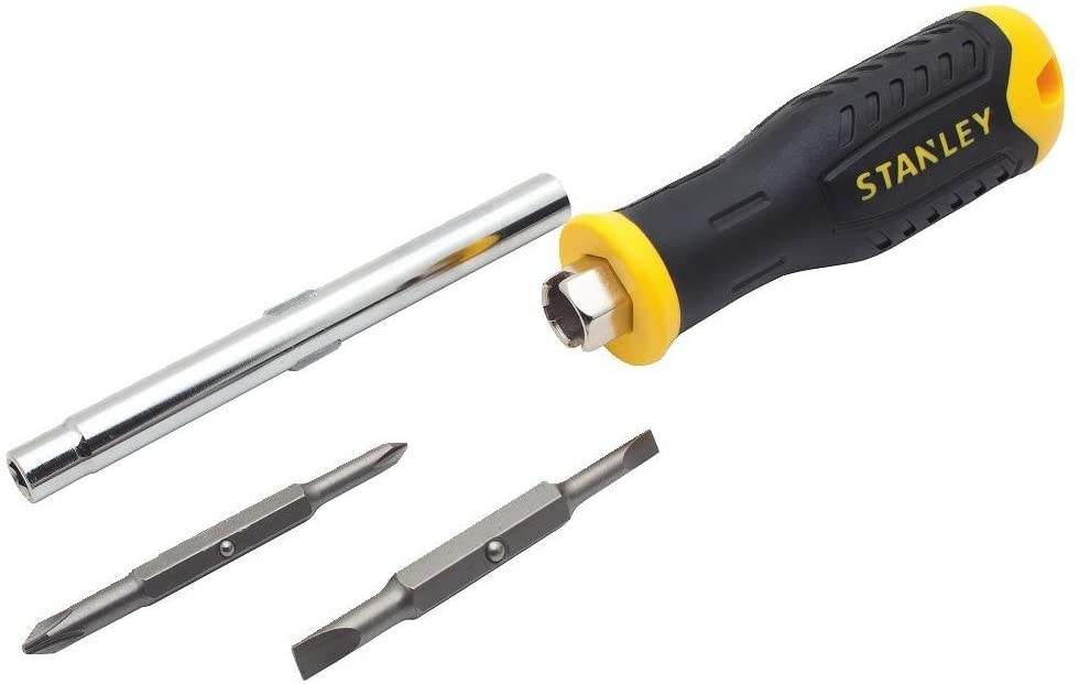 A black and yellow handled screwdriver with flat and Phillips heads 