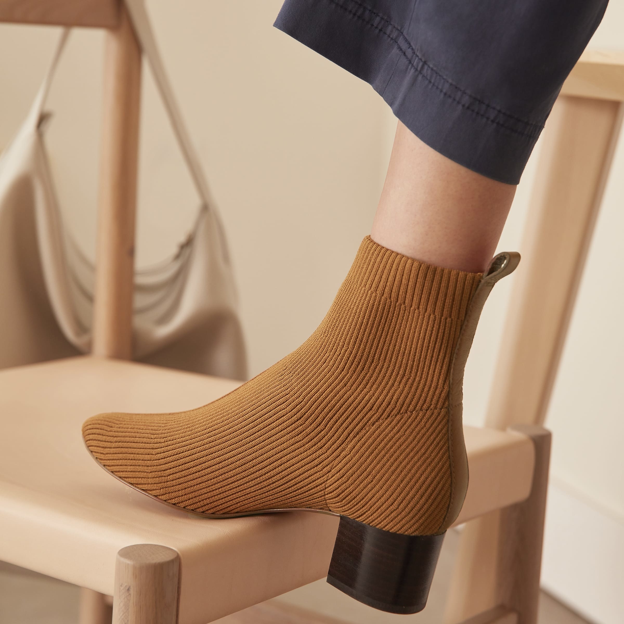 woven knit high ankle boots in toffee with a dark brown wooden heel