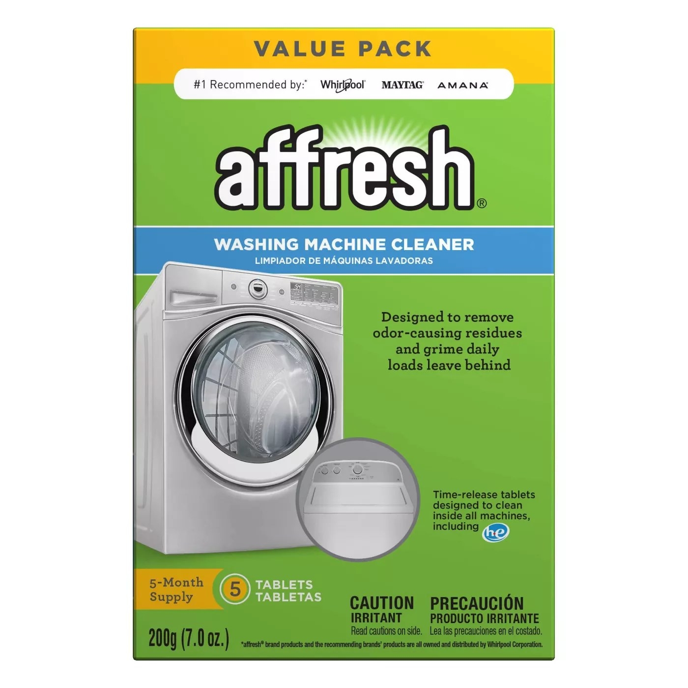 A 5-month supply of Affresh washing machine cleaner that is designed to remove odor-causing residues and grime daily loads leave behind