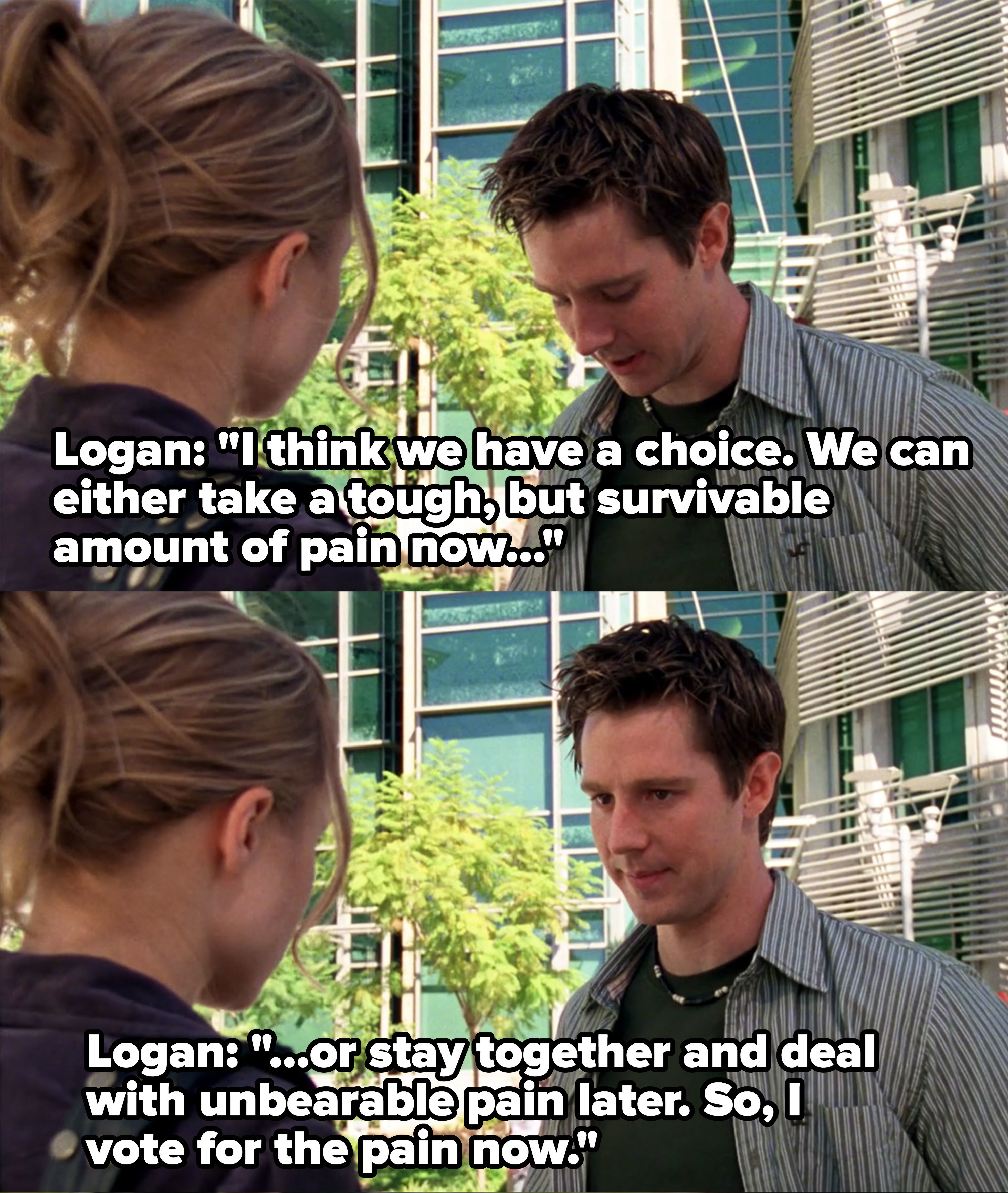 Logan tells Veronica they can either take a small amount of pain and break up now or stay together and face unbearable pain later